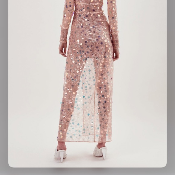 For Love & Lemons Ace Sequin Lace Nude Long Sleeve Slit Maxi Dress Gown - Picture 5 of 11